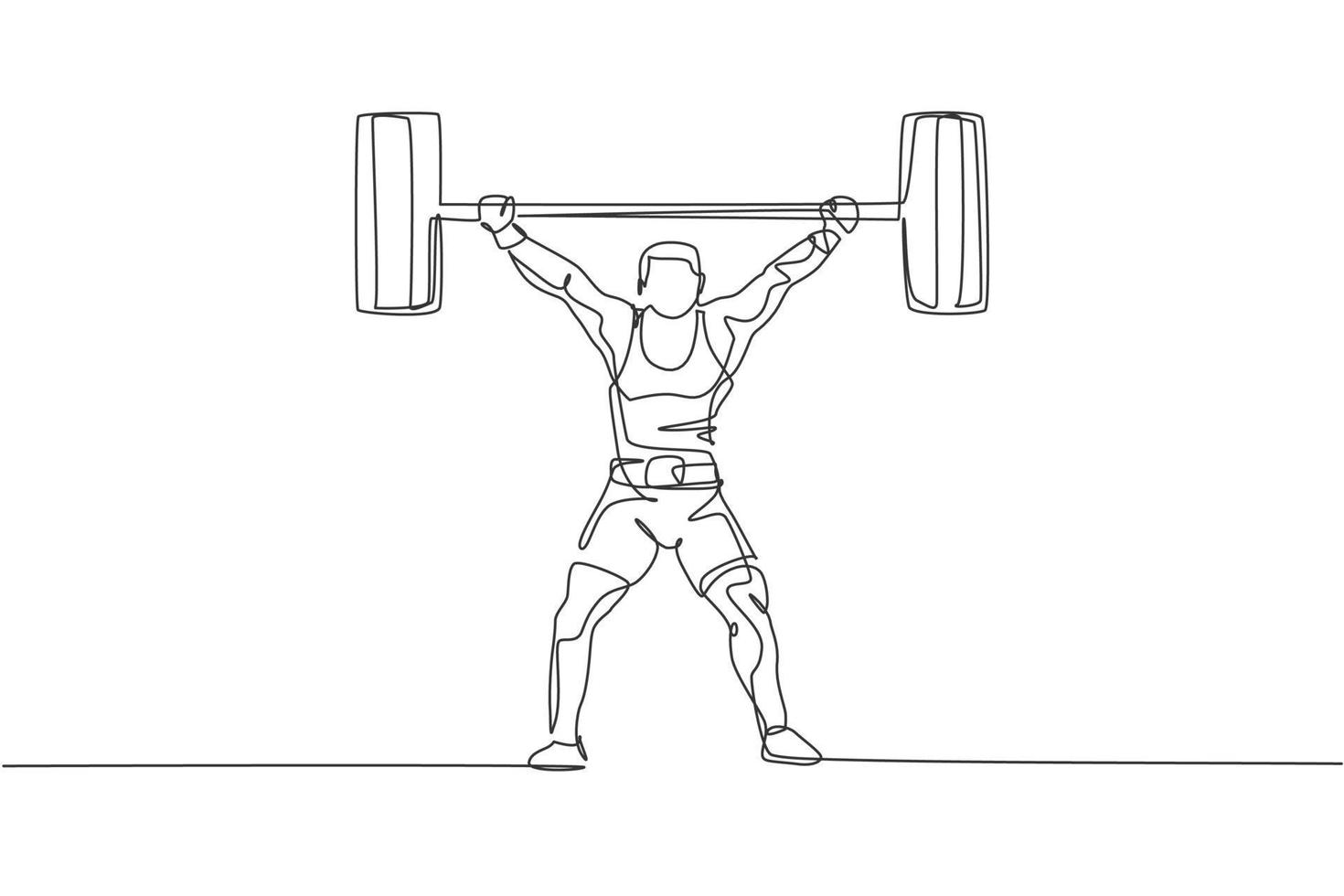 One single line drawing of fit young athlete muscular man lifting barbells working out at a gym vector illustration. Weightlifter preparing for training concept. Modern continuous line draw design