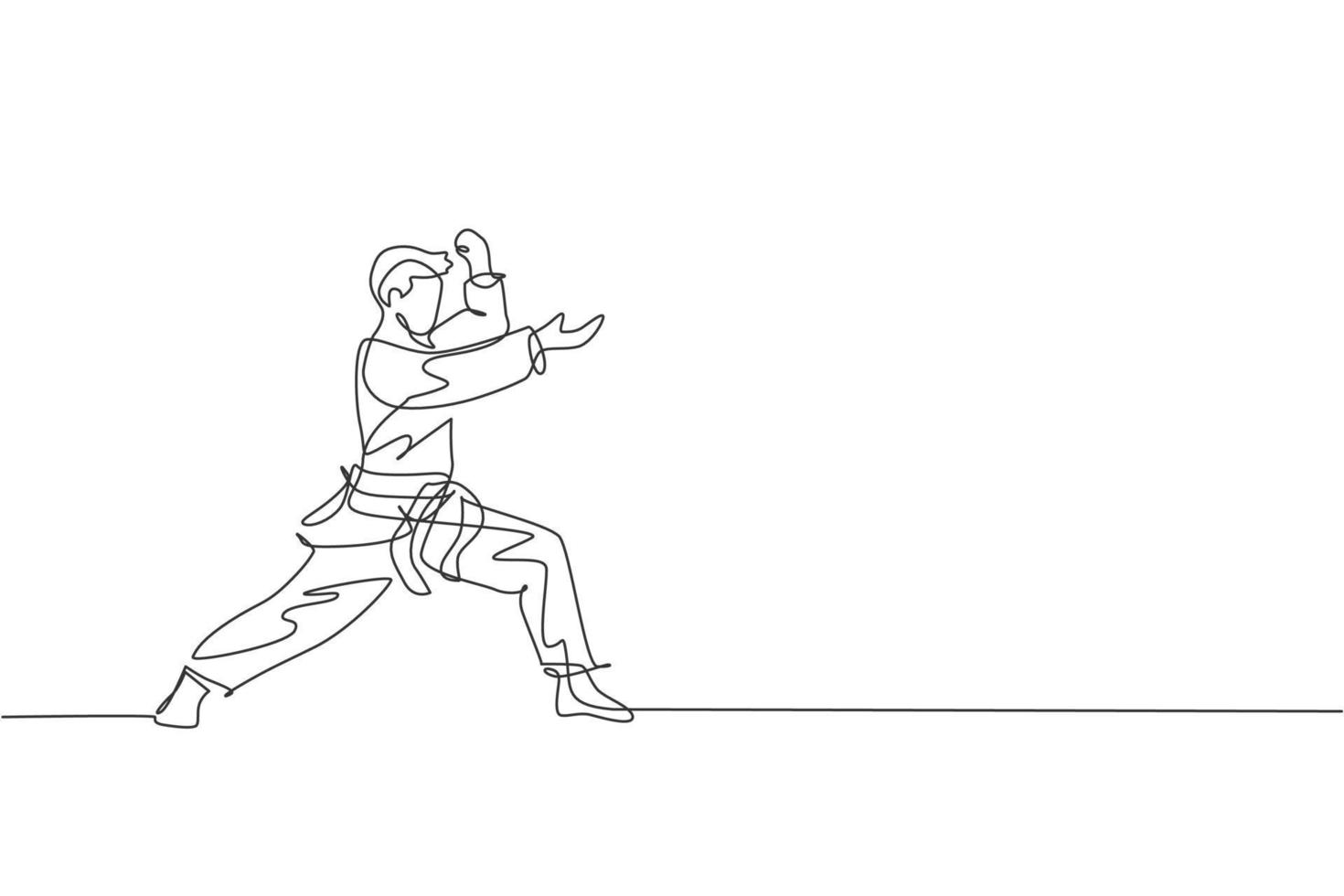 One continuous line drawing of young talented karateka man train pose for duel fighting at dojo gym center. Mastering martial art sport concept. Dynamic single line draw design vector illustration