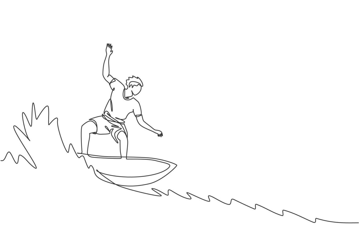 One single line drawing of young sporty surfer man riding on big waves barrel in surfing beach paradise graphic vector illustration. Extreme water sport concept. Modern continuous line draw design