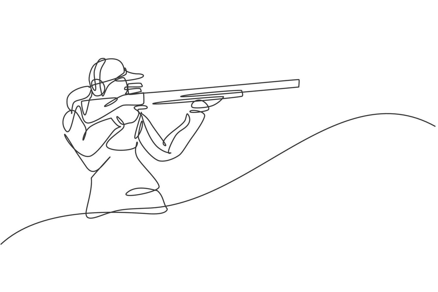 Single continuous line drawing of young athlete woman shooter holding gun and training to aim target tactical shooting. Shooting sport training concept. Trendy one line draw design vector illustration