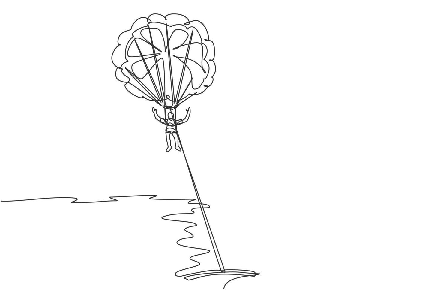 One single line drawing of young sporty man flying with parasailing parachute on the sky pulled by boat graphic vector illustration. Extreme sport concept. Modern continuous line draw design