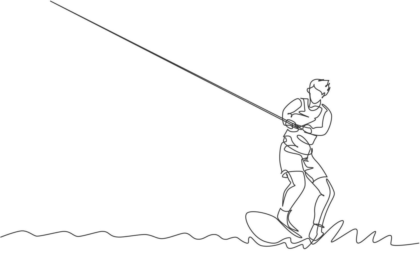 One continuous line drawing of young energetic man fun play wakeboarding in the sea ocean. Healthy lifestyle sport concept. Happy tourist vacation. Dynamic single line draw design vector illustration