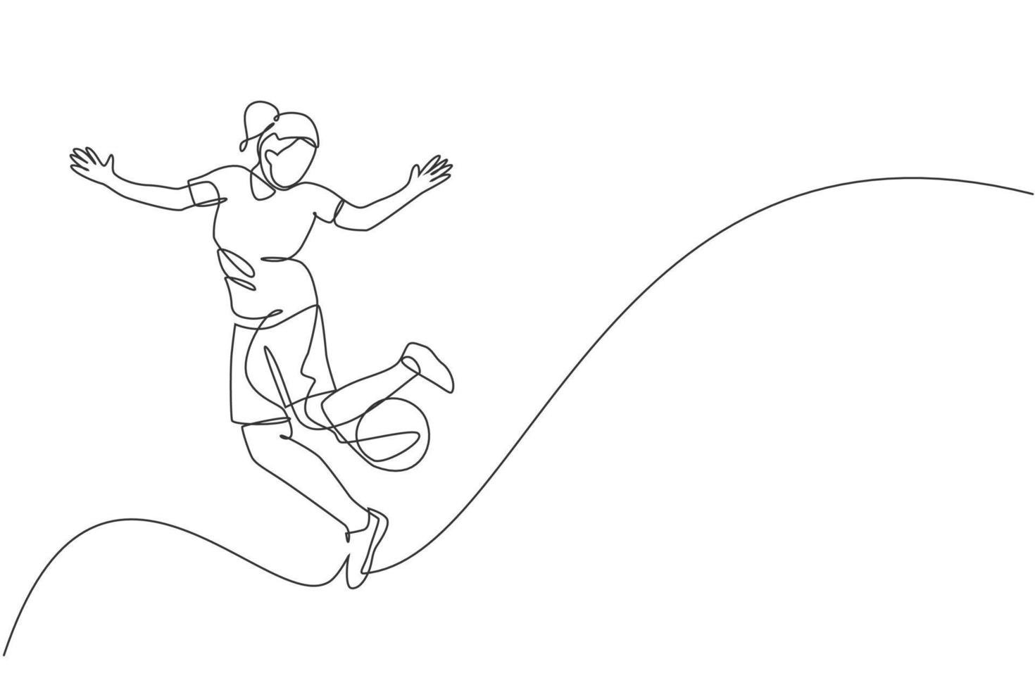 One single line drawing young happy woman perform soccer freestyle, juggling ball at the city square vector illustration graphic. Football freestyler sport concept. Modern continuous line draw design