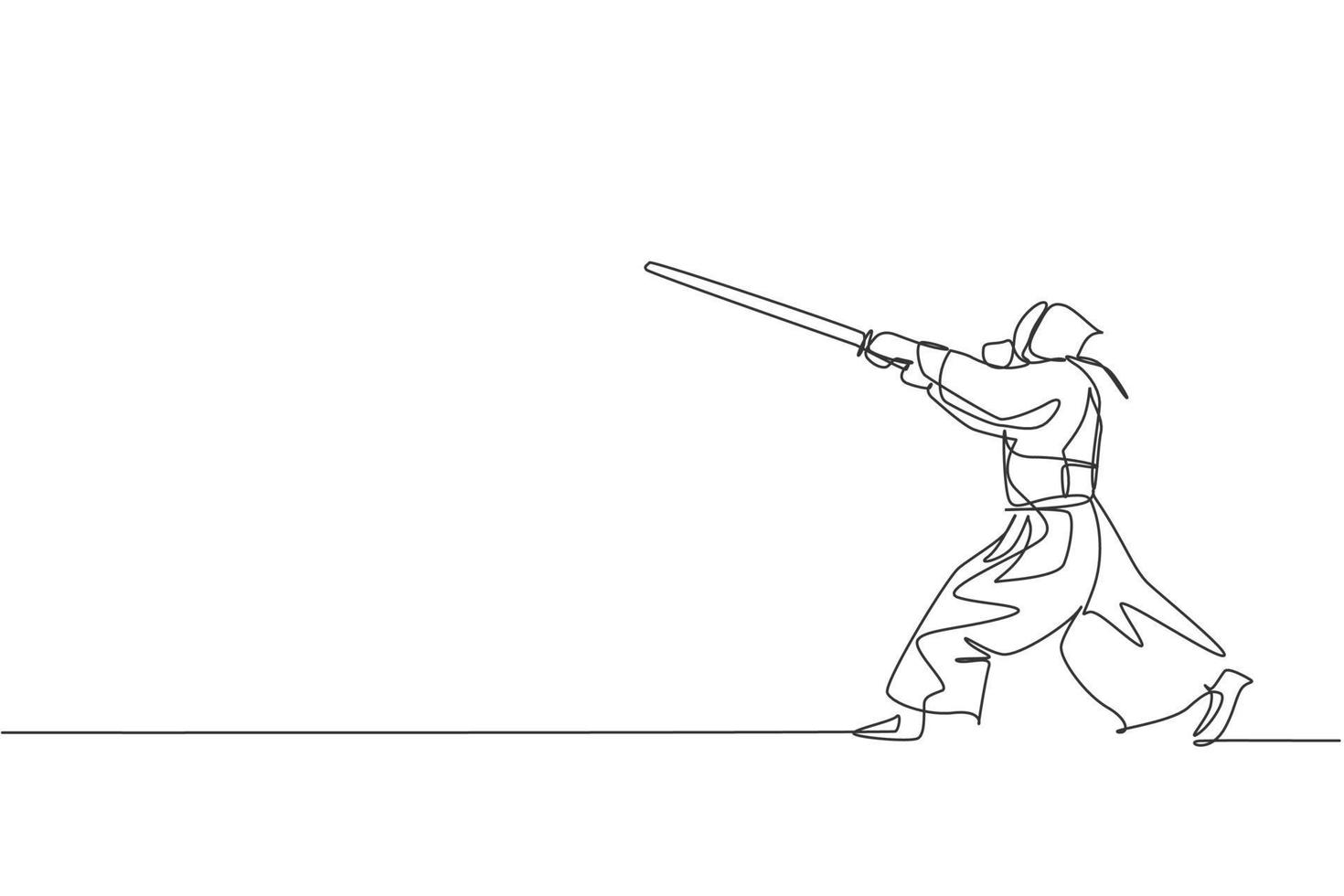 una sola línea de dibujo enérgico hombre ejercicio habilidad de ataque en el juego de kendo con espada de madera en el centro de gimnasio ilustración vectorial gráfica. concepto de deporte de lucha combativa. diseño moderno de dibujo de línea continua vector