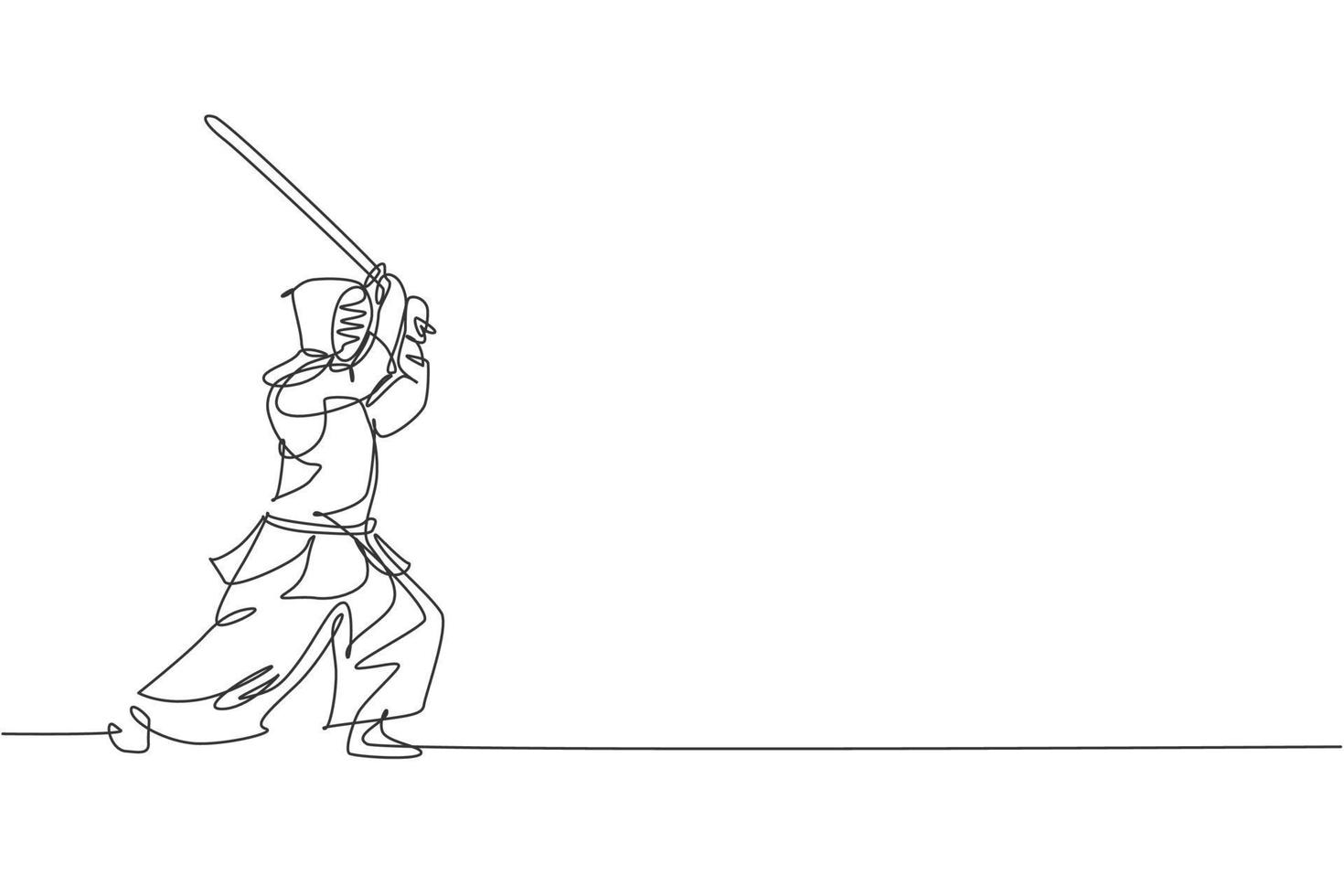 One single line drawing of young energetic man exercise attack skill on kendo with wooden sword at gym center vector illustration. Combative fight sport concept. Modern continuous line draw design