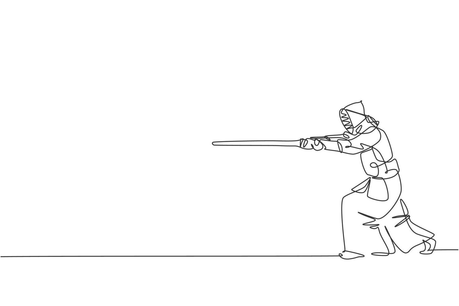 Single continuous line drawing of young sportive man practicing kendo attack with sword martial art skill on gym sport center. Fighting sport concept. Trendy one line draw design vector illustration