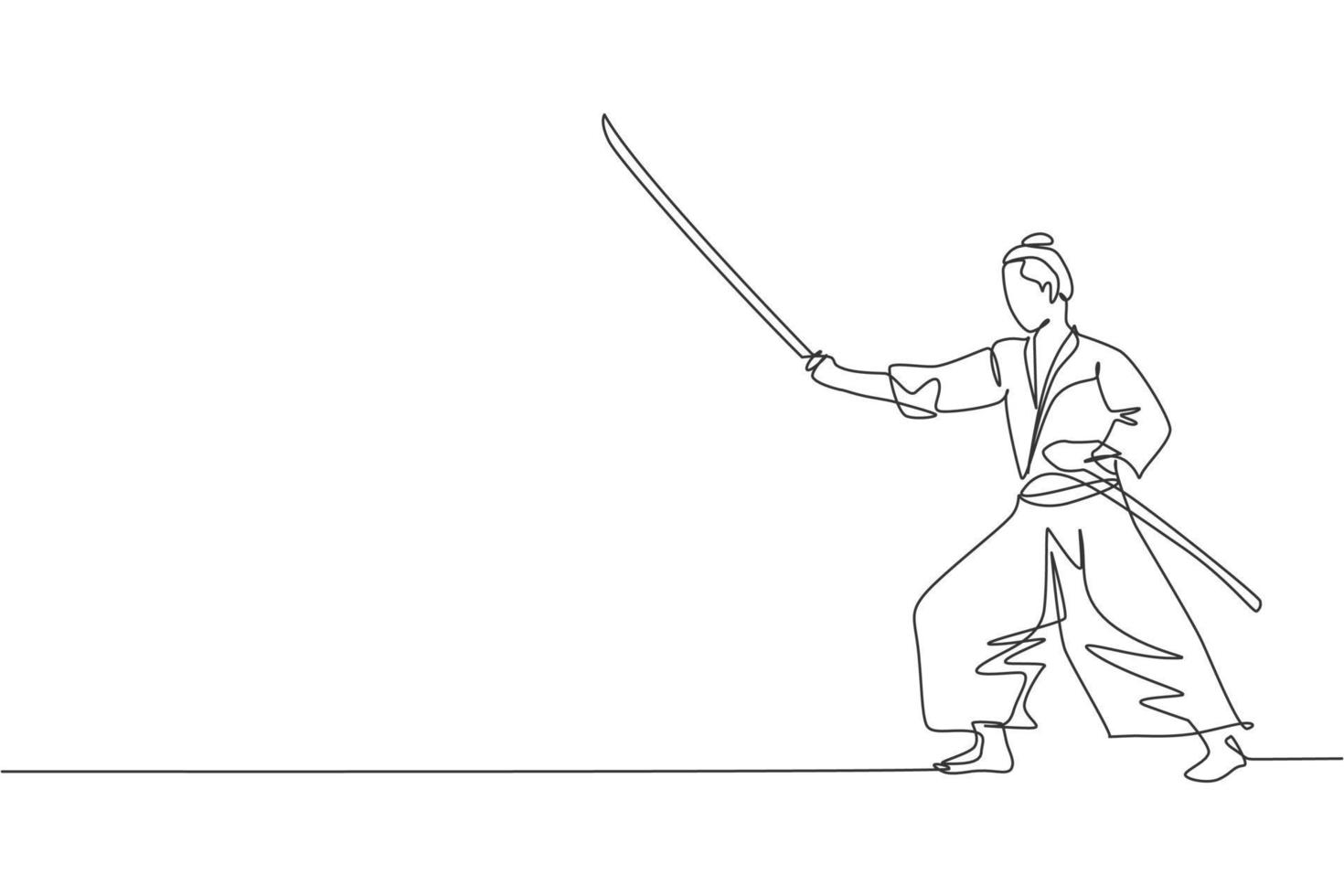 un dibujo de línea continua de la pose de guerrero samurai de valentía joven listo para atacar en la sesión de entrenamiento. concepto de deporte de combate de artes marciales. Ilustración de vector de diseño gráfico de dibujo de línea única dinámica