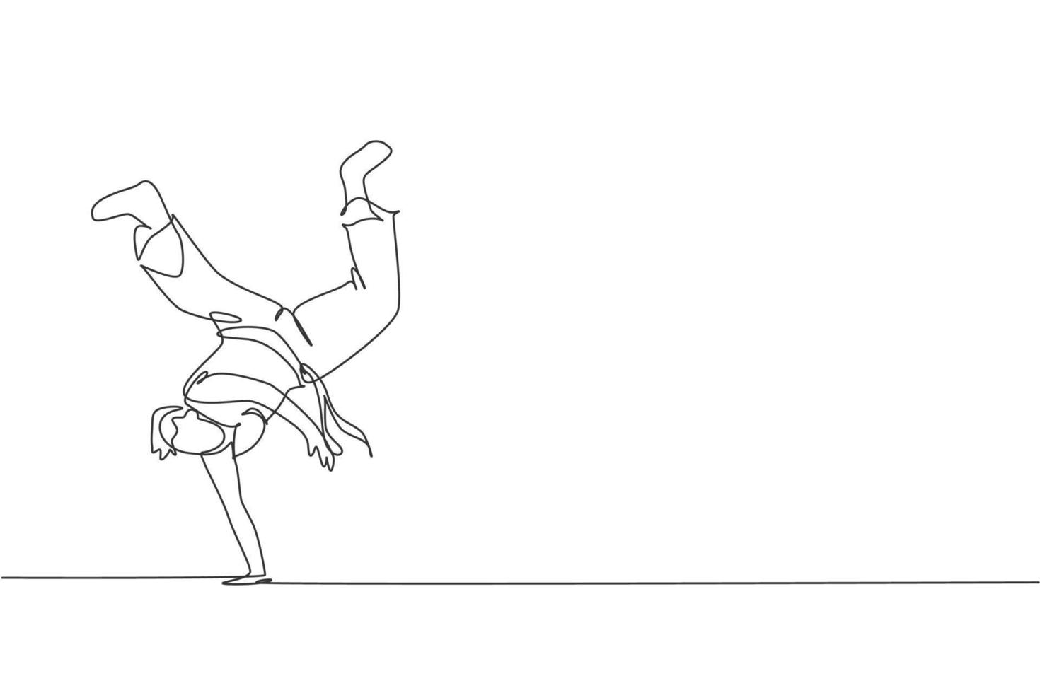un dibujo de una sola línea de un joven enérgico bailarín de capoeira que realiza una ilustración gráfica vectorial de lucha de baile. concepto de deporte de estilo de vida de arte marcial tradicional. diseño moderno de dibujo de línea continua vector