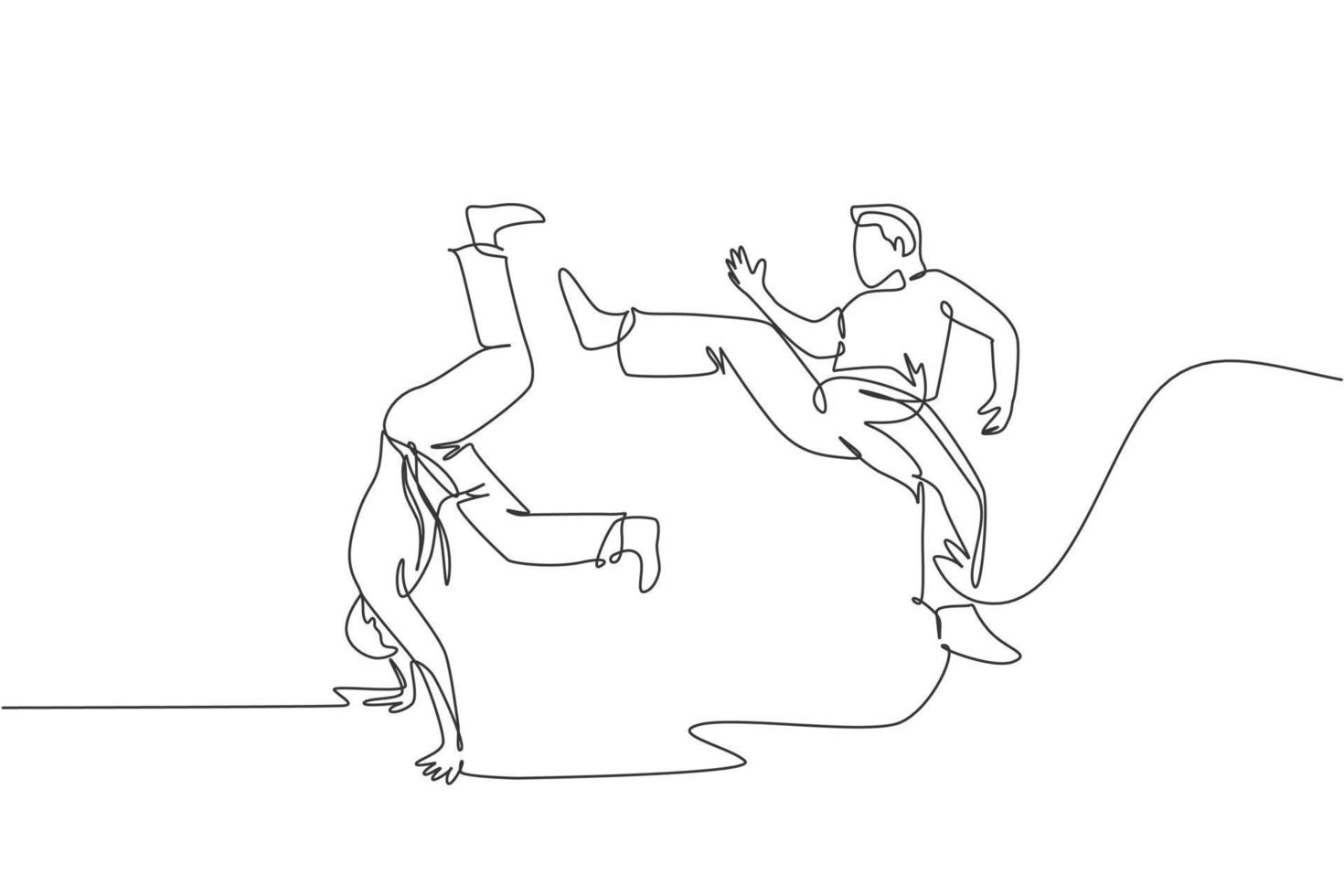 One continuous line drawing of two young sporty Brazilian fighter men training capoeira on the beach. Healthy traditional fighting sport concept. Dynamic single line draw design vector illustration
