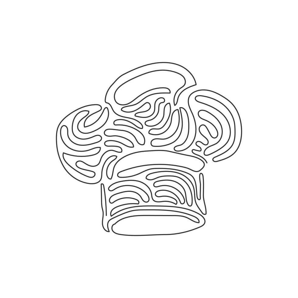 Continuous one line drawing cook chef hat or cap in sketch cartoon style. Kitchen staff uniform headwear for restaurant or cafe. Swirl curl style. Single line draw design vector graphic illustration