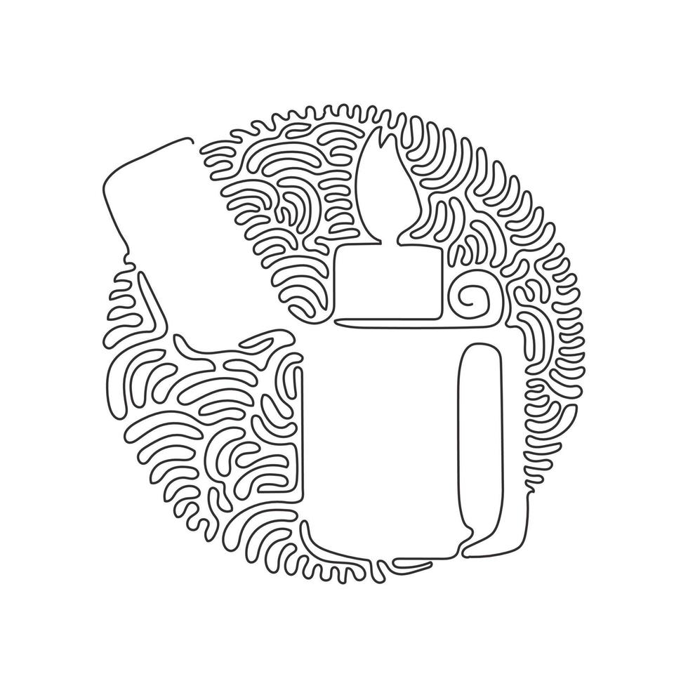 Single continuous line drawing metal lighter. Fire from lighter. Manual, gas lighter with burning flame in flat style. Swirl curl circle background style. Dynamic one line draw graphic design vector