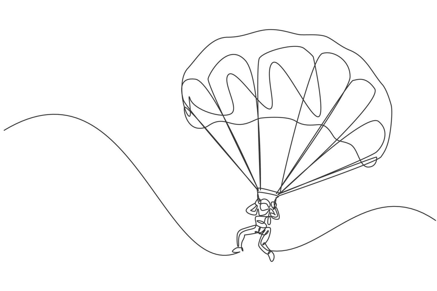 Single continuous line drawing of young tourist man flying with paragliding parachute on the sky. Extreme vacation holiday sport concept. Trendy one line draw design vector graphic illustration