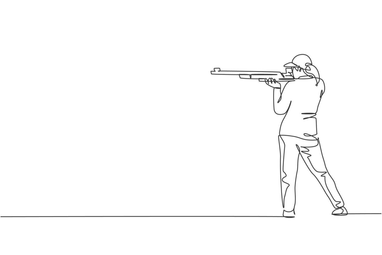 una sola línea dibujando a una mujer joven practicando para disparar al objetivo en el rango de tiro en la ilustración gráfica vectorial del campo de entrenamiento. concepto deportivo de tiro al plato. diseño moderno de dibujo de línea continua vector