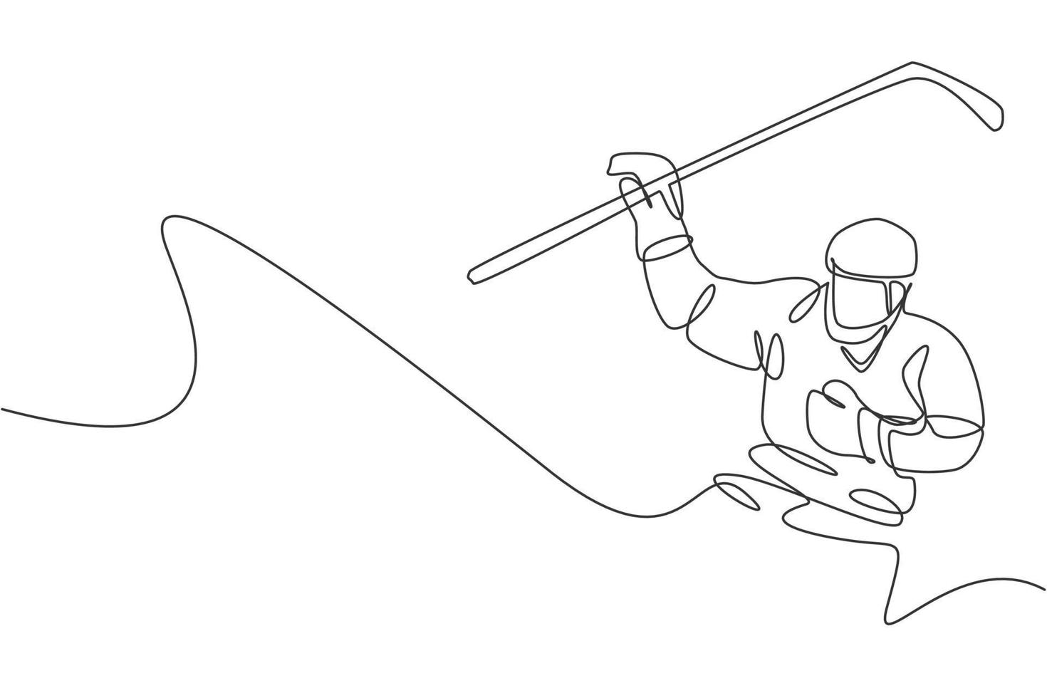 Single continuous line drawing of young professional ice hockey player hit the puck and attack on ice rink arena. Extreme winter sport concept. Trendy one line draw design graphic vector illustration