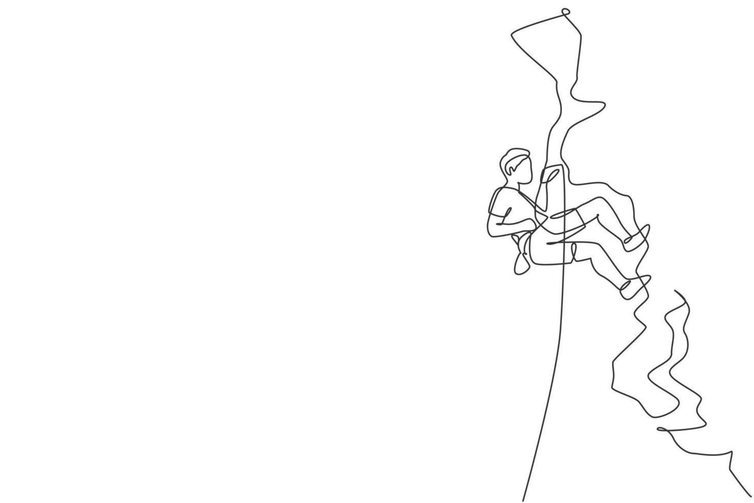 One single line drawing of young active man climbing on cliff mountain holding safety rope vector graphic illustration. Extreme outdoor sport and bouldering concept. Modern continuous line draw design