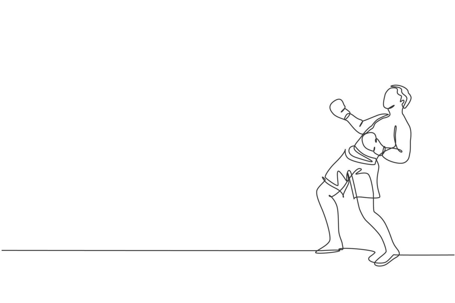 One continuous line drawing of young sporty man kickboxer athlete training defense move at gym center. Combative kickboxing sport concept. Dynamic single line draw design vector illustration graphic