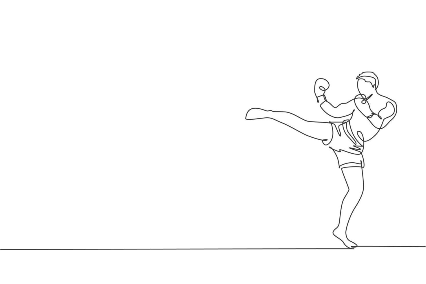 One continuous line drawing of young sporty man kickboxer athlete training powerful kick at gym center. Combative kickboxing sport concept. Dynamic single line draw design vector graphic illustration
