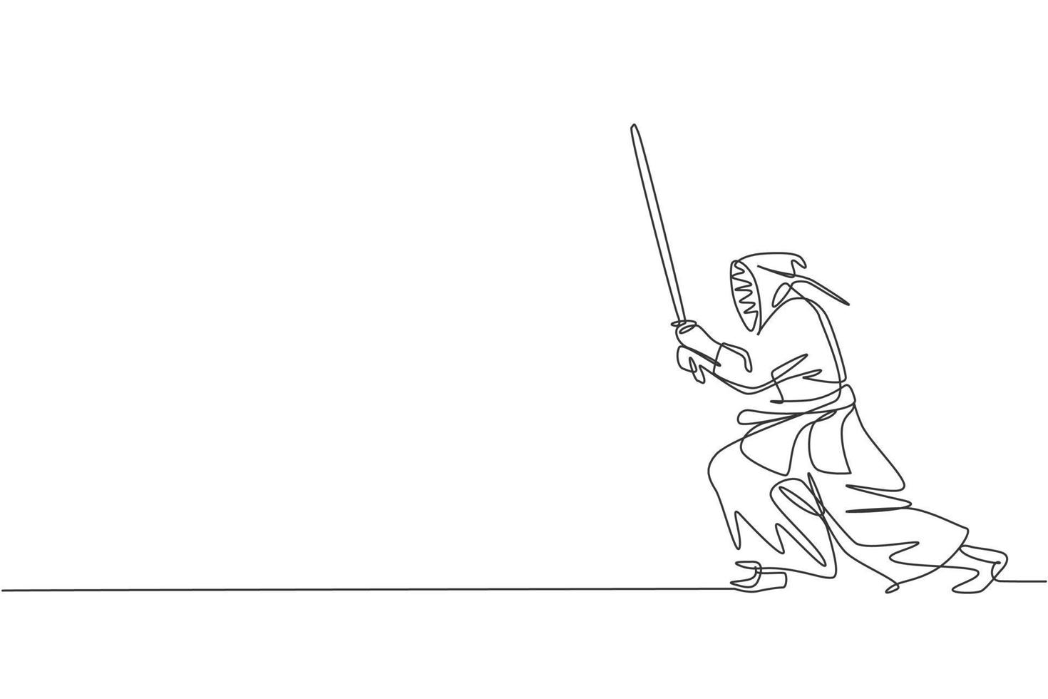 One continuous line drawing of young sporty man training kendo attack fighting skill in dojo center. Healthy martial art sport concept. Dynamic single line draw design graphic vector illustration