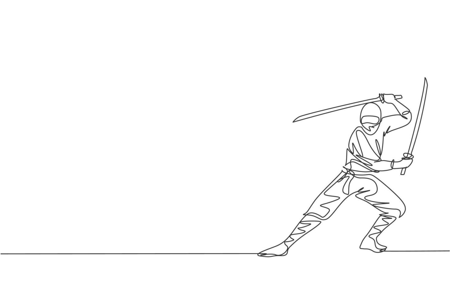 One continuous line drawing of young brave Japanese ninja character on black costume with attacking position. Martial art fighting concept. Dynamic single line draw design graphic vector illustration