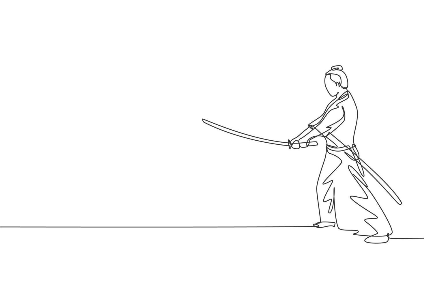 Single continuous line drawing of young strong samurai warrior wearing traditional uniform holding sword at festival. Ancient fighter soldier concept. Trendy one line draw design vector illustration