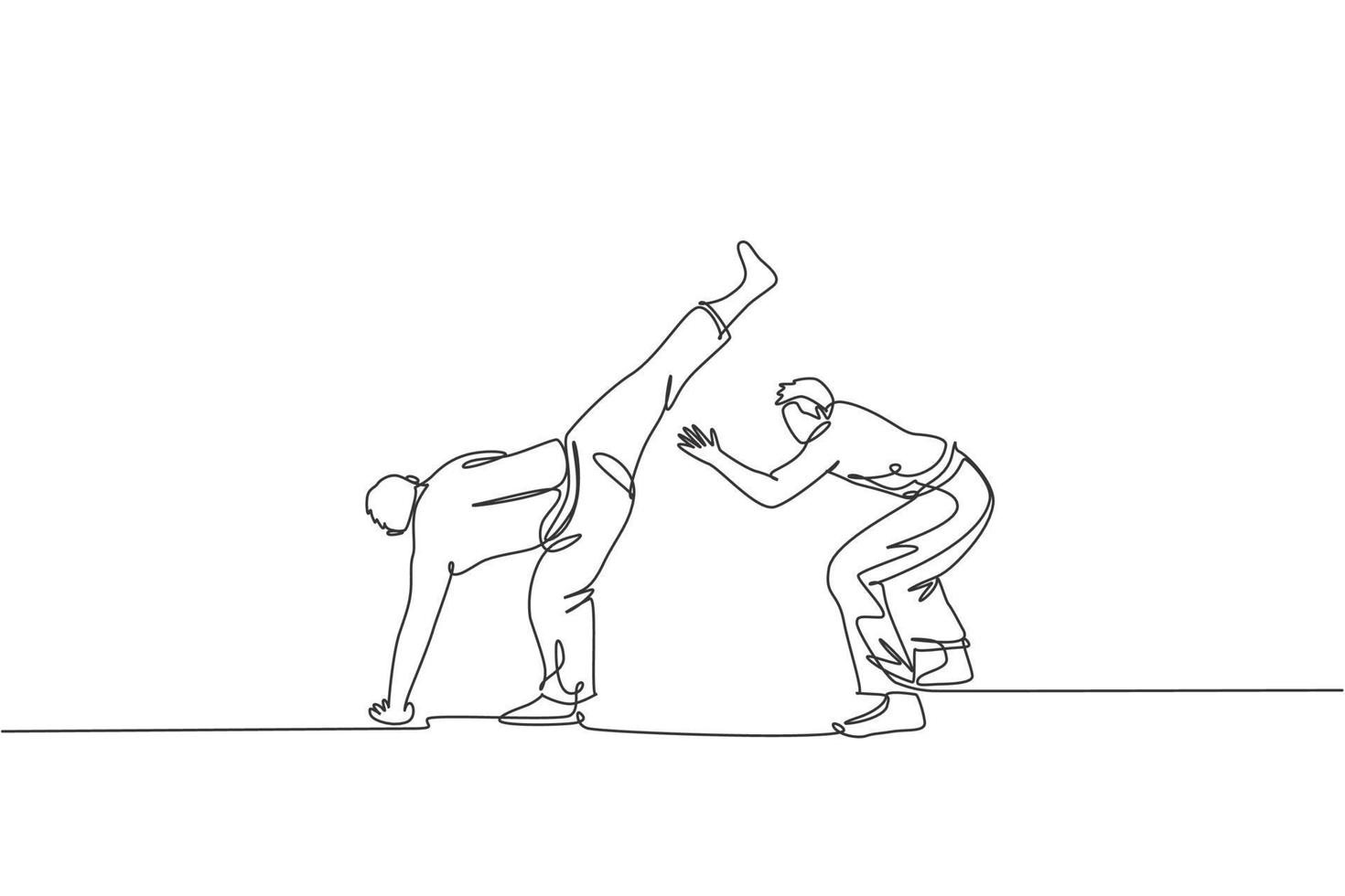 One continuous line drawing of two young sporty Brazilian fighter men training capoeira on the beach. Healthy traditional fighting sport concept. Dynamic single line draw design vector illustration