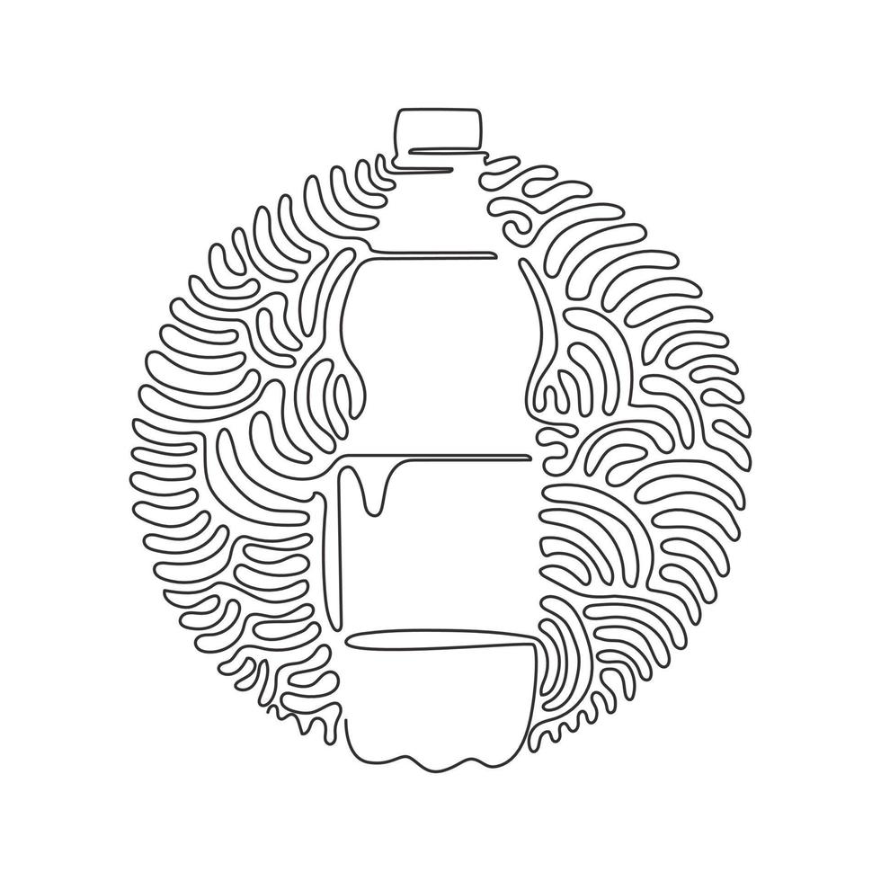 Continuous one line drawing soft drink in bottle plastic. Cold soda for refreshing feeling. Drink to quench thirst. Swirl curl circle background style. Single line design vector graphic illustration