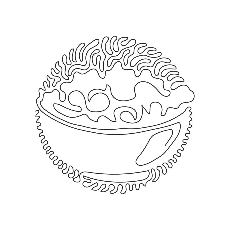 Single continuous line drawing green salad of fresh vegetables in salad bowl. Healthy appetizer for human body. Swirl curl circle background style. One line draw graphic design vector illustration