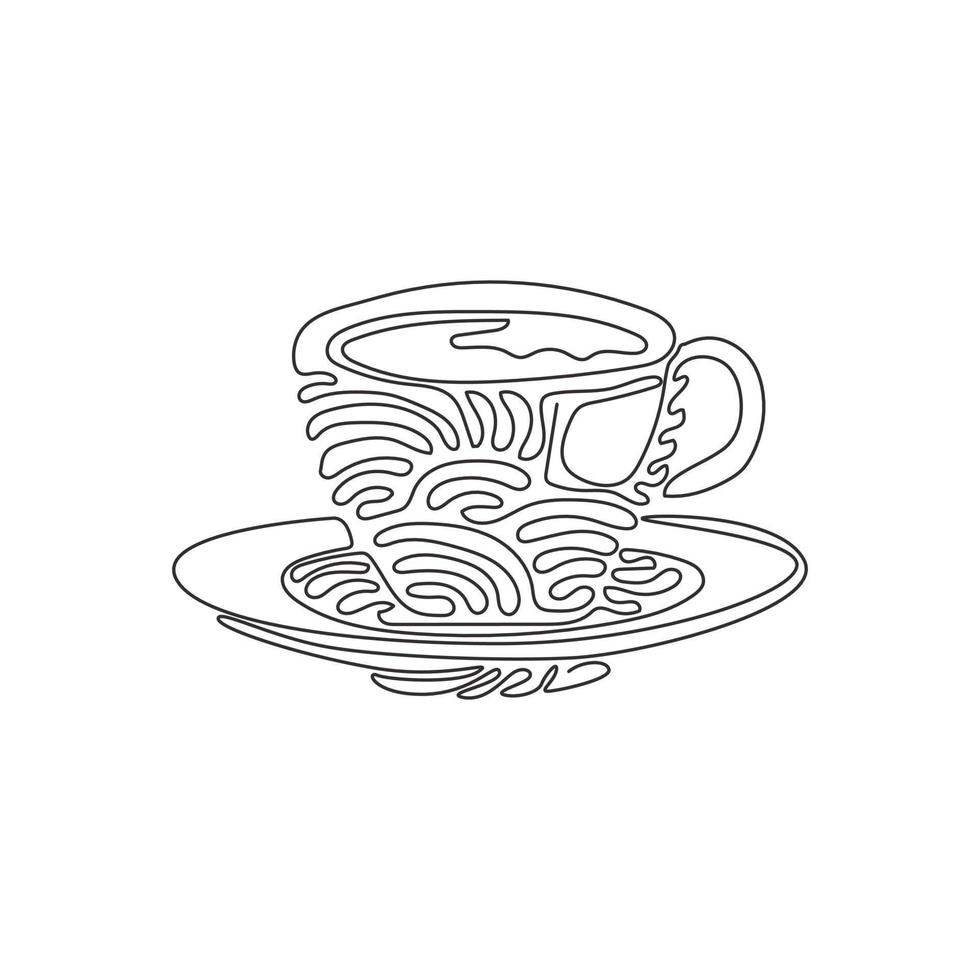 Single continuous line drawing coffee cup for latte, espresso, cappuccino. Hot coffee ready to drink for breakfast in the morning. Swirl curl style. One line draw graphic design vector illustration