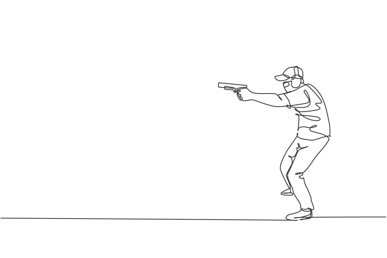 Single continuous line drawing of young athlete man shooter holding gun and training to aim target tactical shooting. Shooting sport training concept. Trendy one line draw design vector illustration