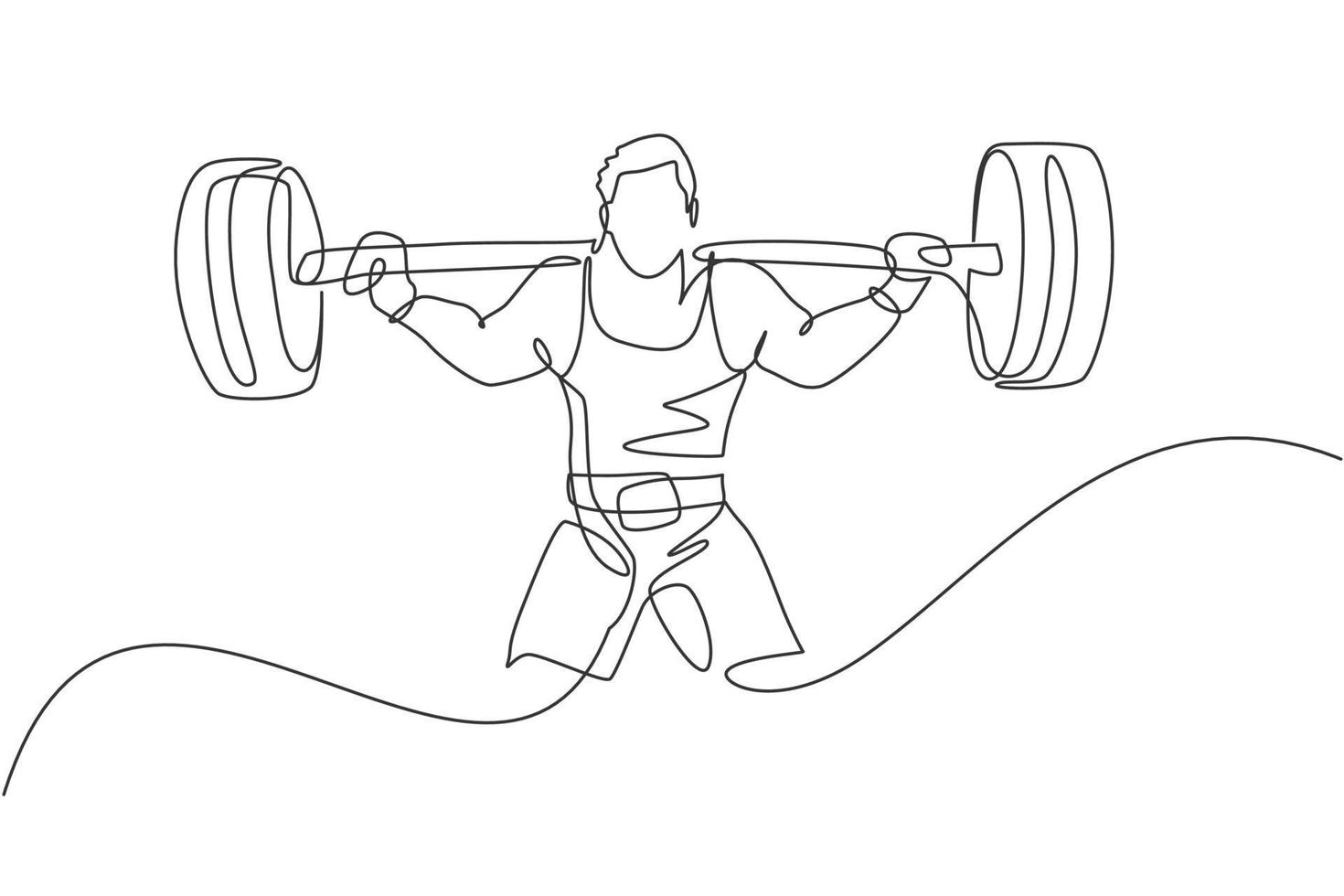 Single continuous line drawing of young strong weightlifter man preparing for barbell workout in gym. Weight lifting training concept. Trendy one line draw design vector graphic illustration