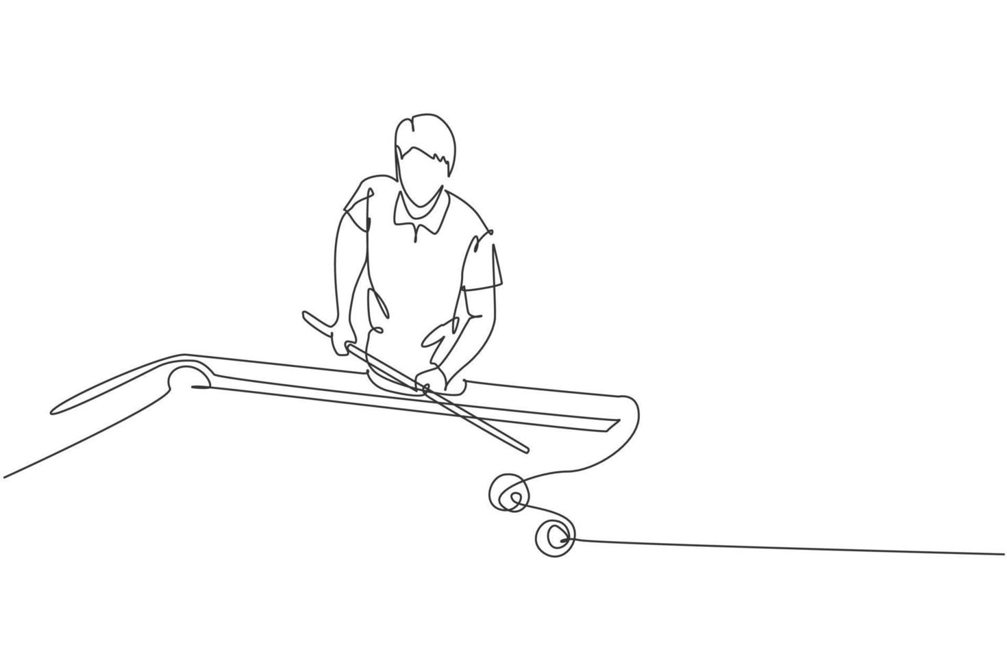 One single line drawing of young handsome man playing pool billiards at billiard room vector illustration graphic. Indoor sport recreational game concept. Modern continuous line draw design
