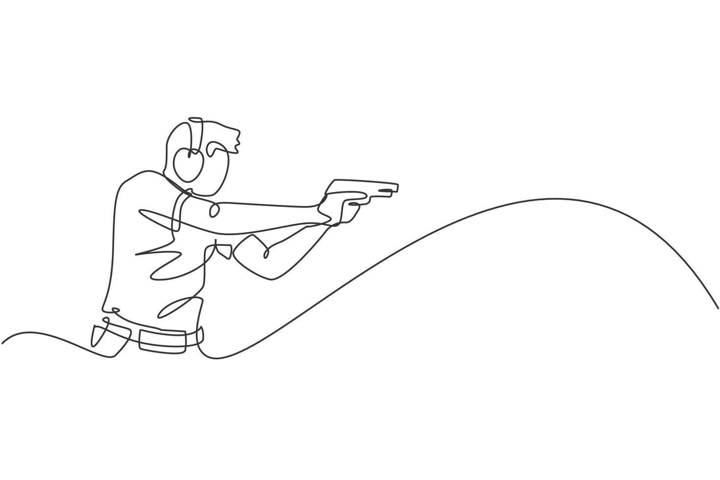 One single line drawing of young man practicing to shot target in range on shooting training ground vector graphic illustration. Clay pigeon shooting sport concept. Modern continuous line draw design