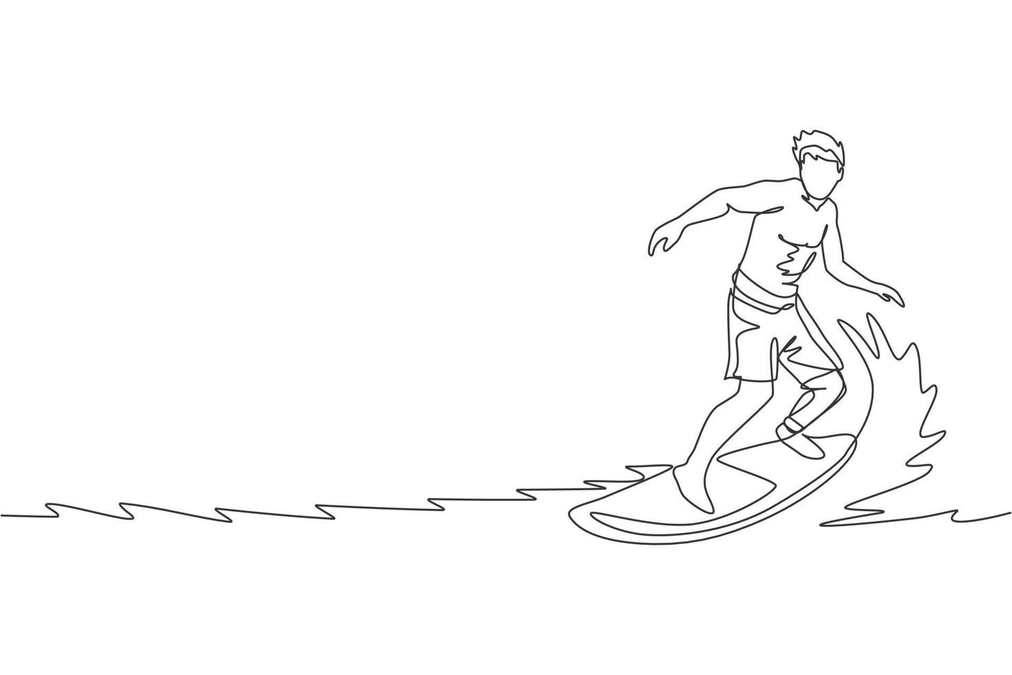 One continuous line drawing young happy tourist surfer exercising surfing on wavy ocean. Healthy extreme watersport concept. Summer holiday. Dynamic single line draw design vector illustration graphic