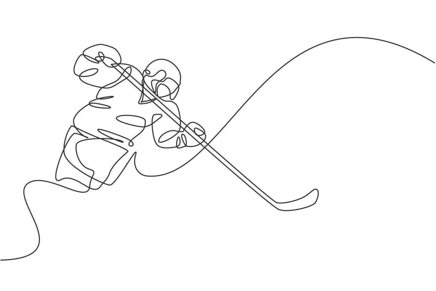 One single line drawing of young ice hockey player in action to play a competitive game on ice rink stadium vector graphic illustration. Sport tournament concept. Modern continuous line draw design