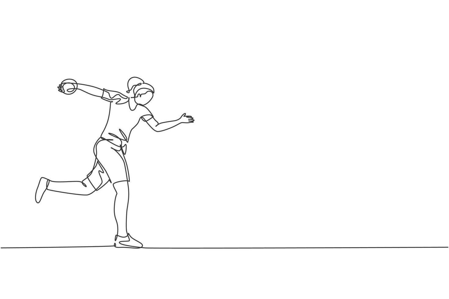 One single line drawing of young energetic woman exercise to powerfully throw discus into field ground vector illustration. Healthy lifestyle athletic sport concept. Modern continuous line draw design