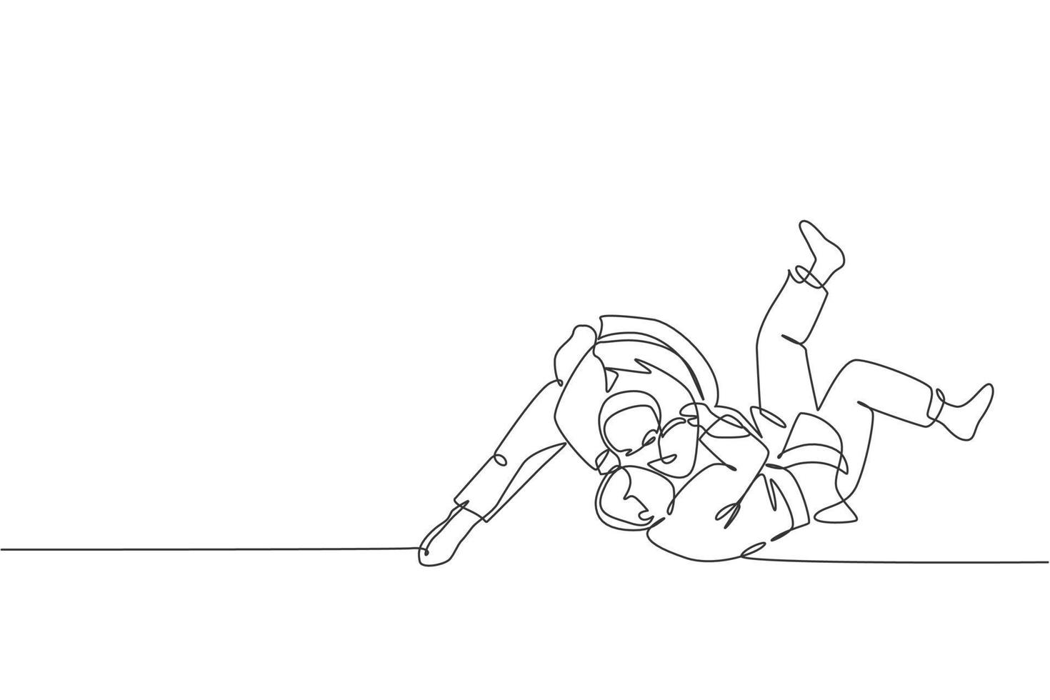 Single continuous line drawing of two young sportive judoka fighter men practice judo skill at dojo gym center. Fighting jujitsu, aikido sport concept. Trendy one line draw design vector illustration