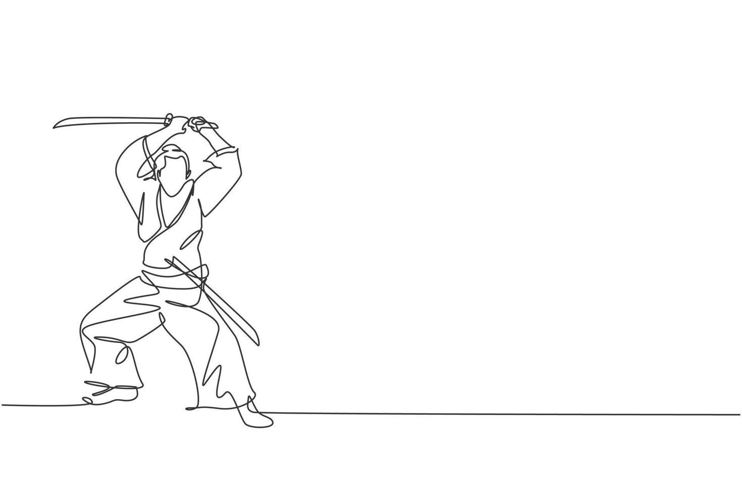 dibujo de una sola línea continua de un joven guerrero samurái fuerte con uniforme tradicional sosteniendo espada en el festival. antiguo concepto de soldado de combate. ilustración de vector de diseño de dibujo de una línea de moda