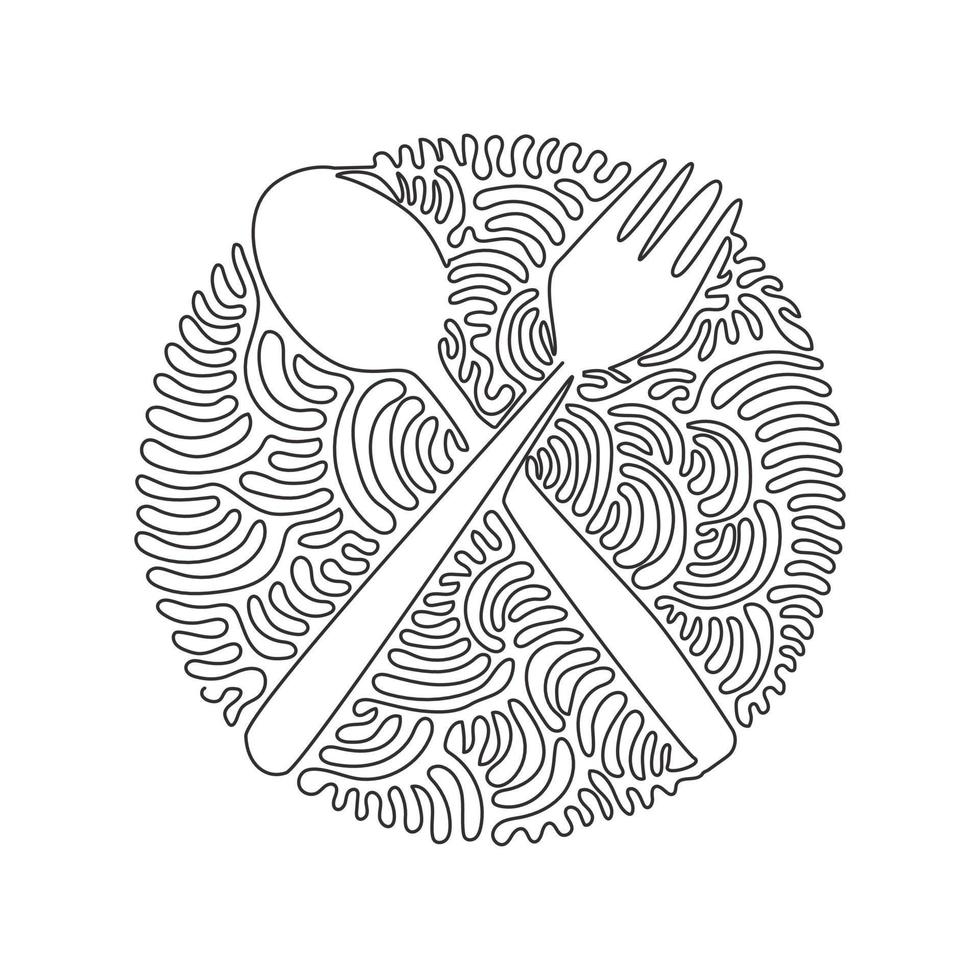 icono de cuchara y tenedor cruzado de dibujo de una sola línea continua. símbolo del restaurante. cubiertos diseño plano simple. estilo de fondo de círculo de rizo de remolino. Ilustración de vector de diseño gráfico de dibujo de una línea dinámica