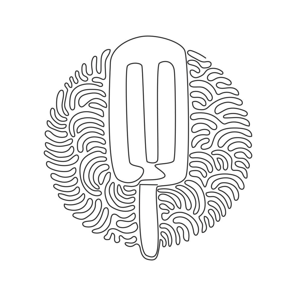 Single continuous line drawing frozen popsicle on stick. Tasty ice cream for dessert. Cold summer snack. Swirl curl circle background style. Dynamic one line draw graphic design vector illustration