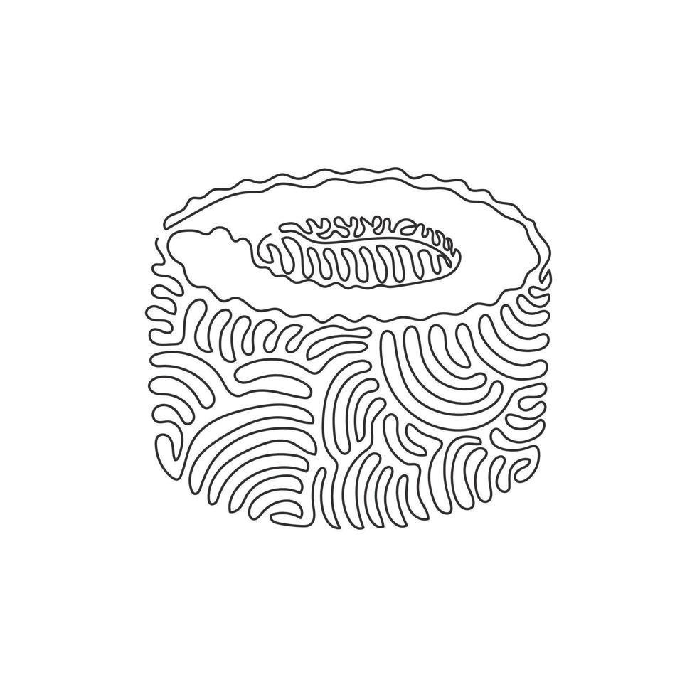 Single continuous line drawing sushi roll with salmon or tuna slice. Traditional Japanese meal. Menu in Japanese restaurant. Swirl curl style. Dynamic one line draw graphic design vector illustration