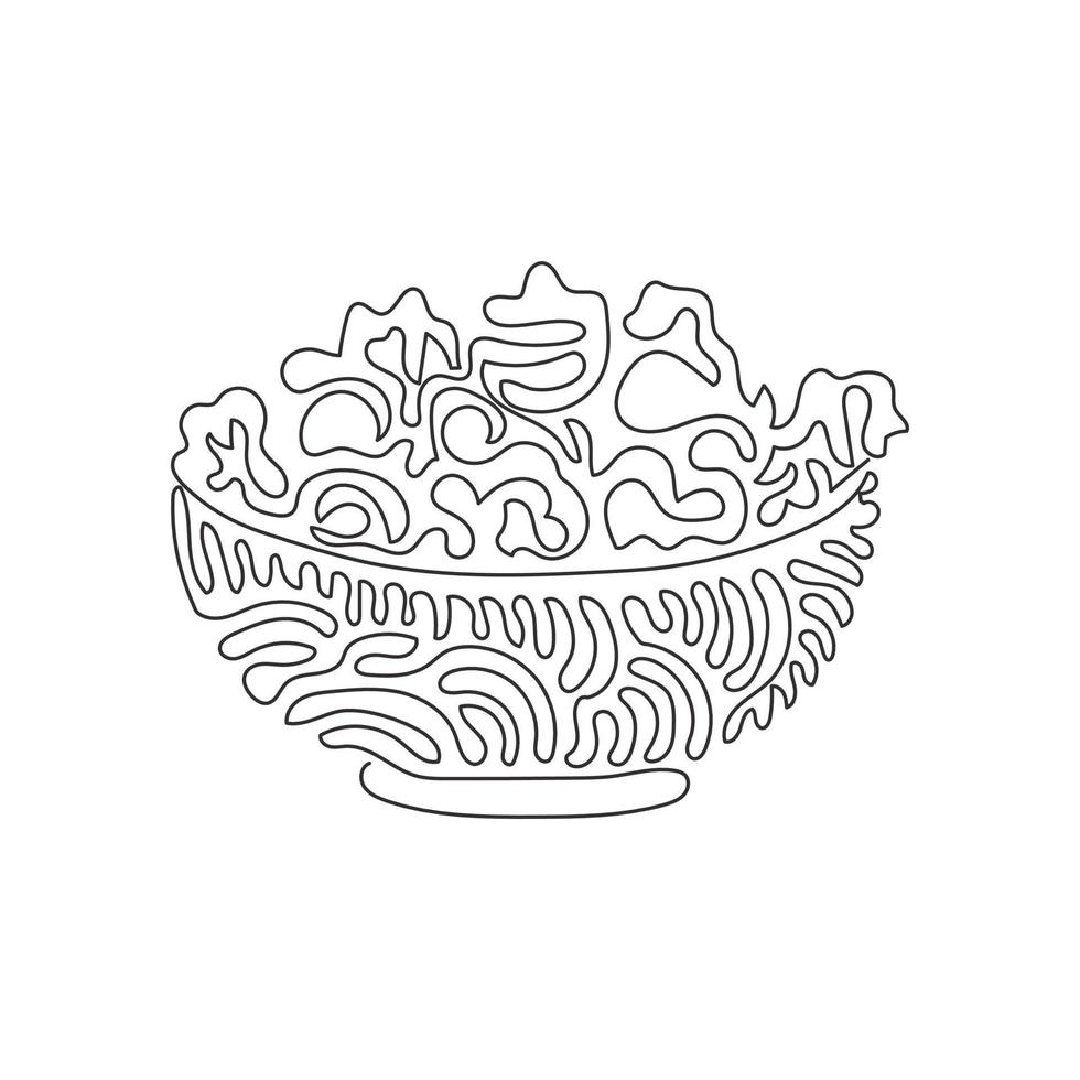 Single one line drawing green salad of fresh vegetables in salad bowl. Healthy appetizer for human body. Health food. Swirl curl style. Modern continuous line draw design graphic vector illustration
