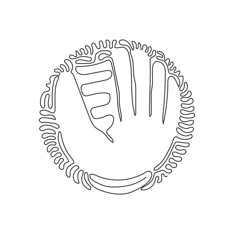 Continuous one line drawing baseball leather glove for championship promotion. Baseball tournament. Team sport league banner. Swirl curl circle background style. Single line draw design vector graphic