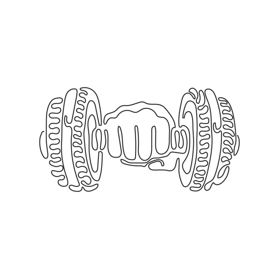 mano de dibujo de una sola línea con mancuerna. mancuerna en la mano. gimnasio, fitness, etiqueta deportiva. entrenar duro. mantenerte fuerte. estilo de rizo de remolino. ilustración de vector gráfico de diseño de dibujo de línea continua moderna