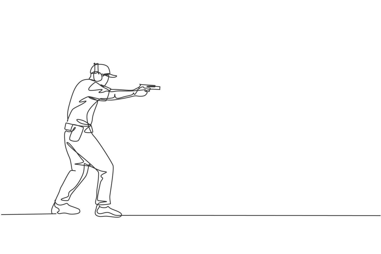 One continuous line drawing of young man on shooting training ground practice for competition with pistol handgun. Outdoor shooting sport concept. Dynamic single line draw design vector illustration