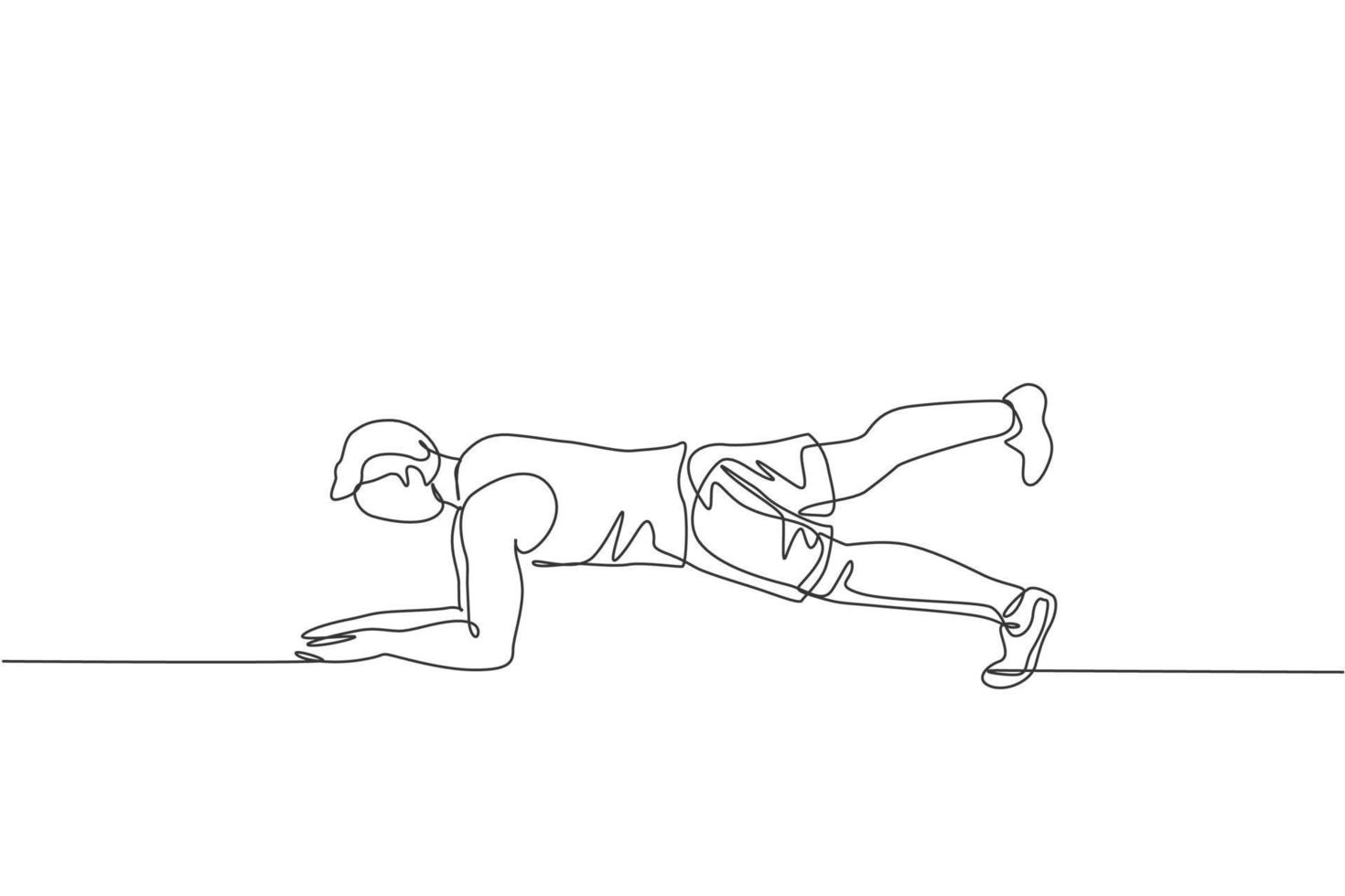 One single line drawing of young energetic man working out doing elbow plank in gym center vector illustration. Fitness sport bodybuilding healthy lifestyle concept. Modern continuous line draw design