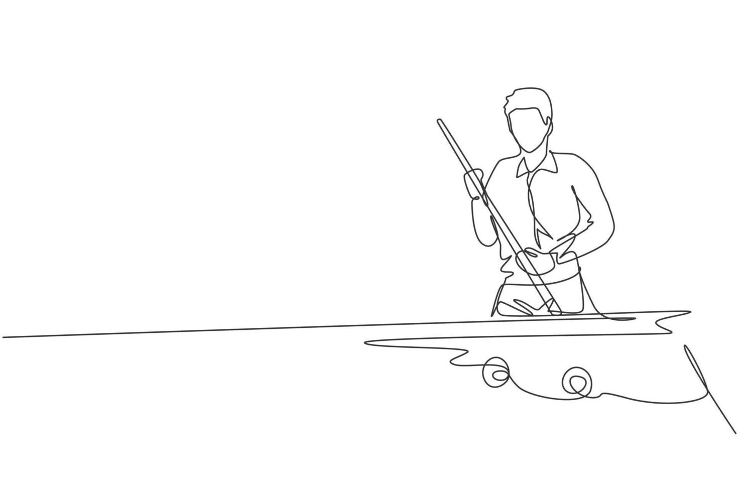 Single continuous line drawing of young handsome professional athlete man playing pool billiards at billiard room in bar. Indoor sport game concept. Trendy one line draw design vector illustration