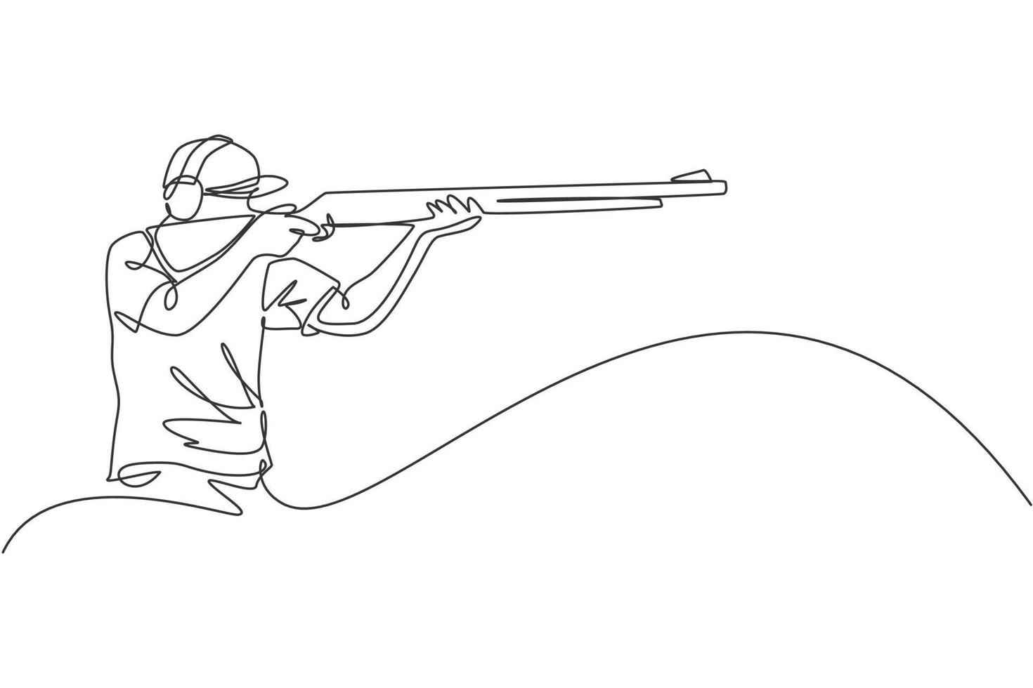 One continuous line drawing young man on shooting training ground practice for competition with rifle gun. Outdoor shooting sport concept. Dynamic single line draw graphic design vector illustration