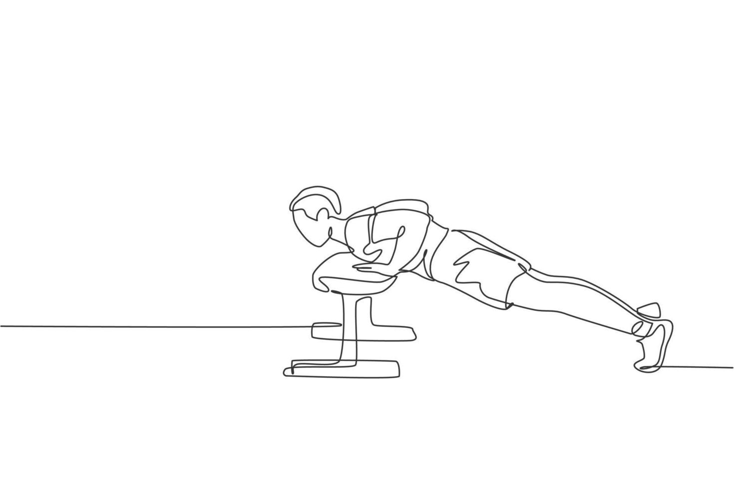 One single line drawing of young energetic man exercise push up with bench in gym fitness center graphic vector illustration. Healthy lifestyle sport concept. Modern continuous line draw design