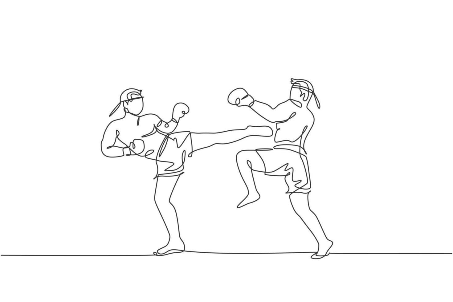 One continuous line drawing of two young sporty muay thai boxer men kicking hard sparring fight partner at box arena. Fighting sport game concept. Dynamic single line draw design vector illustration