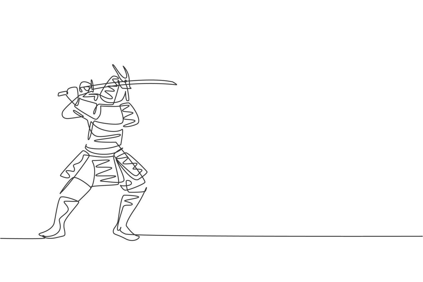 Single continuous line drawing of young strong samurai shogun wearing traditional uniform holding sword at festival. Ancient fighter soldier concept. Trendy one line draw design vector illustration
